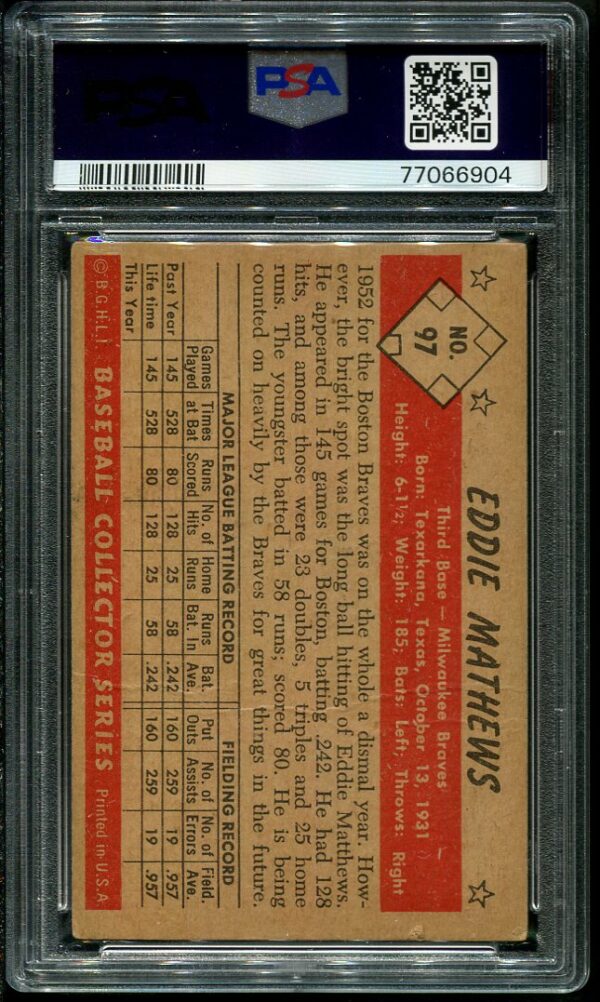 Authentic 1953 Bowman Color #97 Eddie Mathews PSA 1.5 Baseball Card