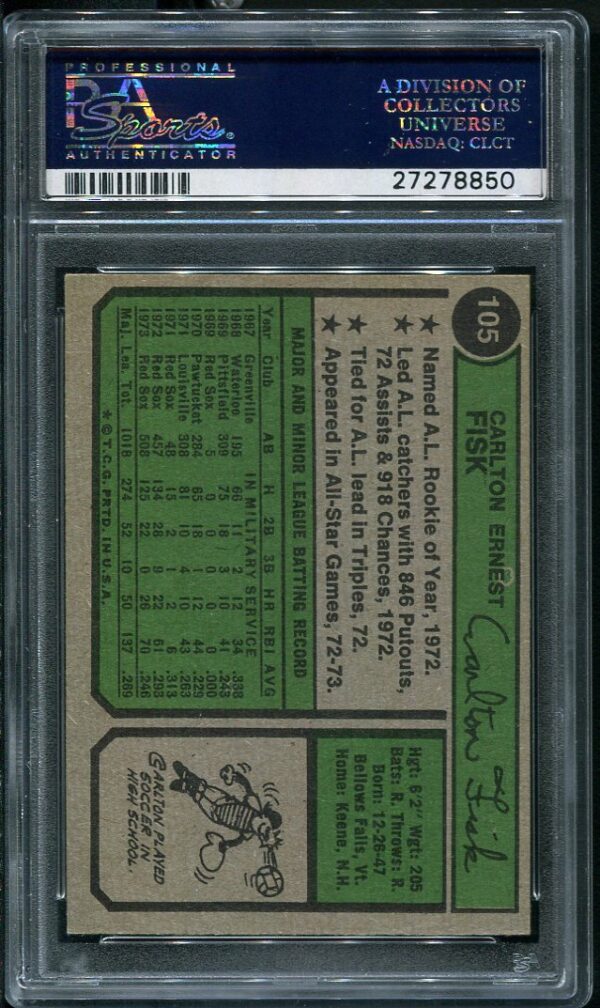 Authentic 1974 Topps #105 Carlton Fisk PSA 7 Baseball Card
