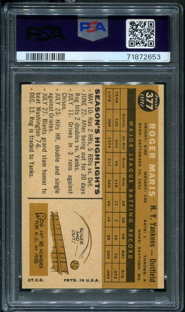 Authentic 1960 Topps #377 Roger Maris PSA 6 Baseball Card