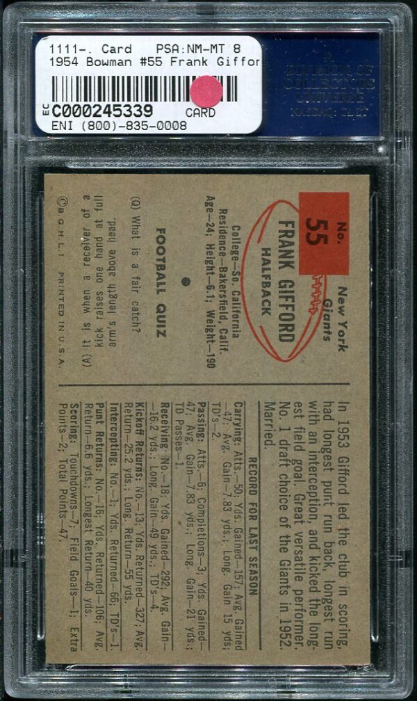 Authentic 1954 Bowman #55 Frank Gifford PSA 8 Football Card