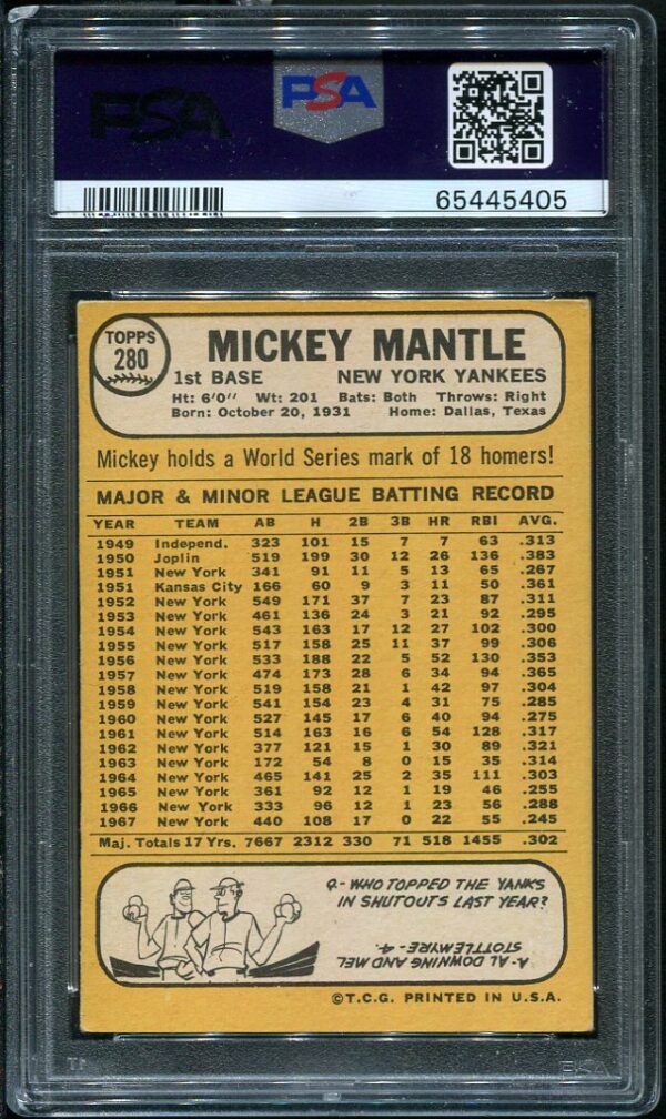 Authentic 1968 Topps #280 Mickey Mantle PSA 5 Baseball Card