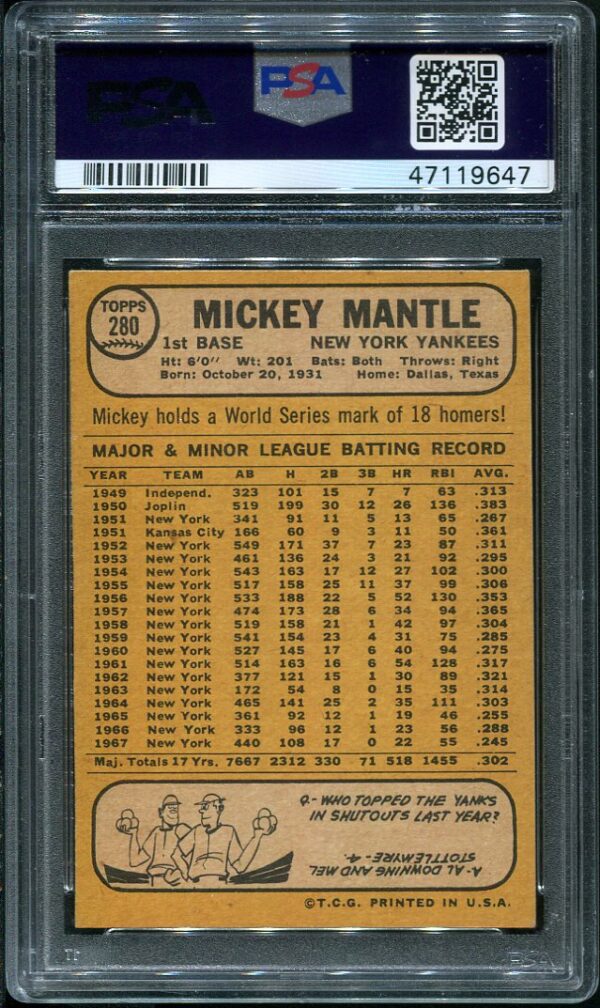 Authentic 1968 Topps #280 Mickey Mantle PSA 6 Baseball Card