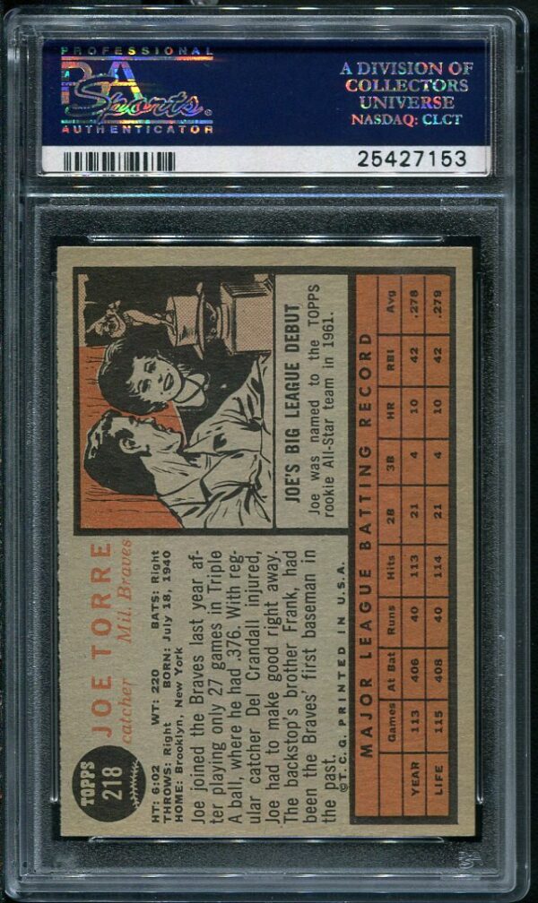 Authentic 1962 Topps #218 Joe Torre PSA 7 Rookie Baseball Card