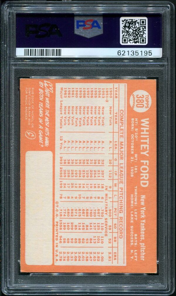 Authentic 1964 Topps #380 Whitey Ford PSA 5 Baseball Card
