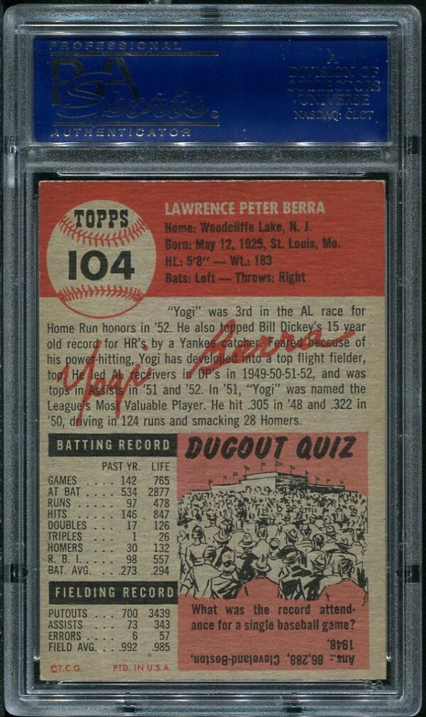Authentic 1953 Topps #104 Yogi Berra PSA 6 Baseball Card