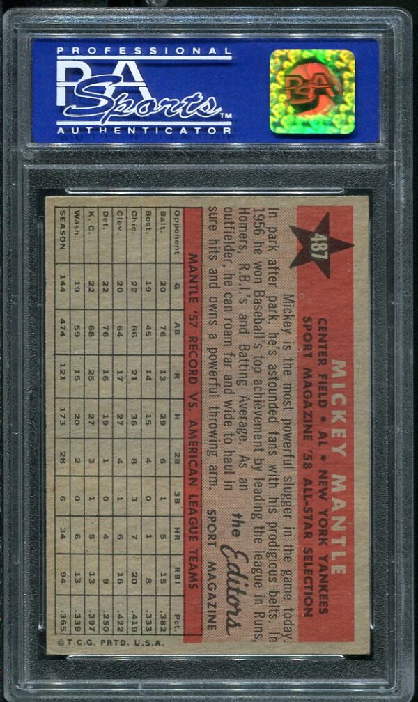 Authentic 1958 Topps #487 Mickey Mantle All Star PSA 7 Baseball Card
