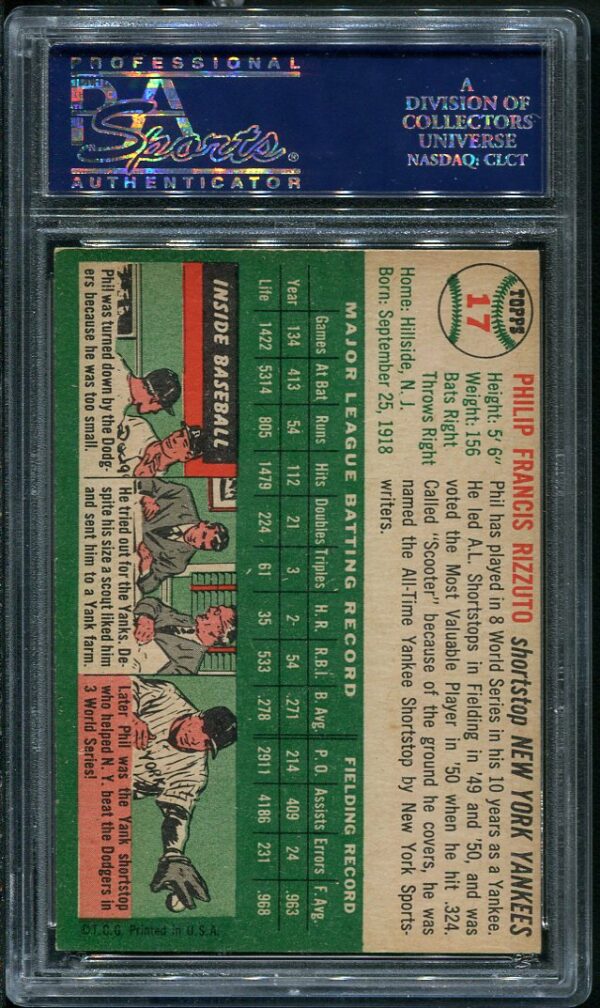 Authentic 1954 Topps #17 Phil Rizzuto PSA 7 Baseball Card