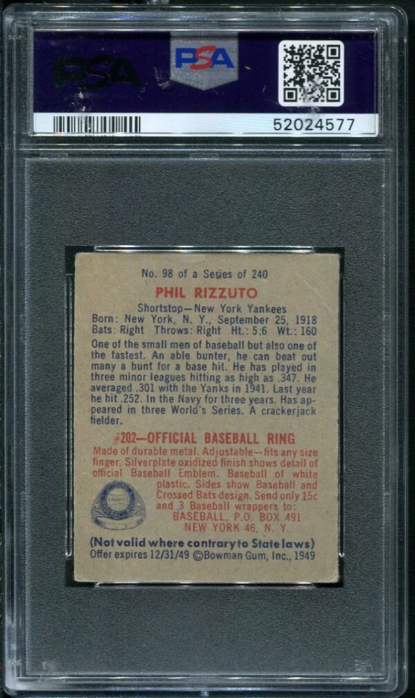 Authentic 1949 Bowman #98 Phil Rizzuto PSA 4 Baseball Card