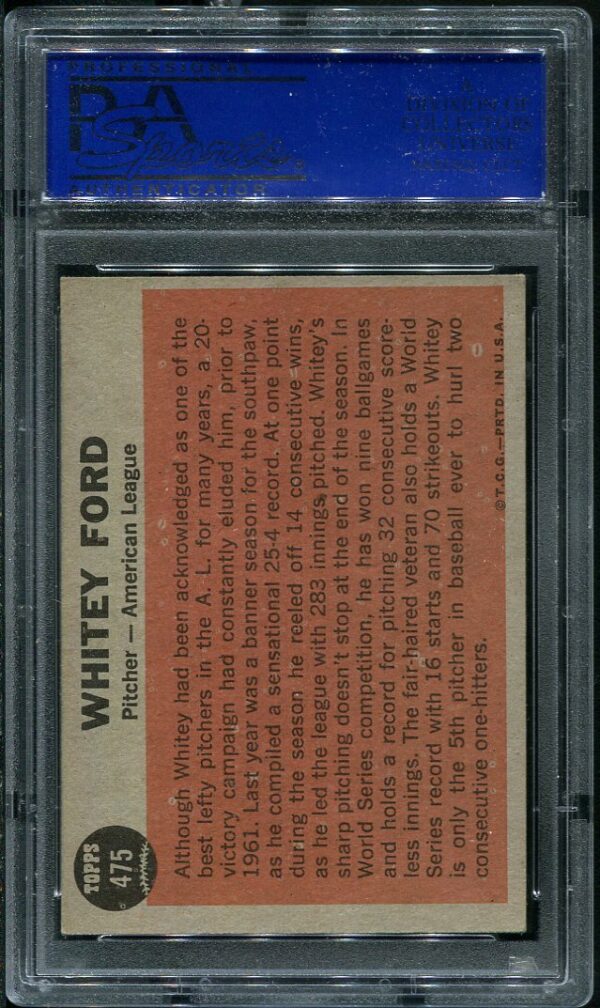 Authentic 1962 Topps #475 Whitey Ford All Star PSA 7 Baseball Card