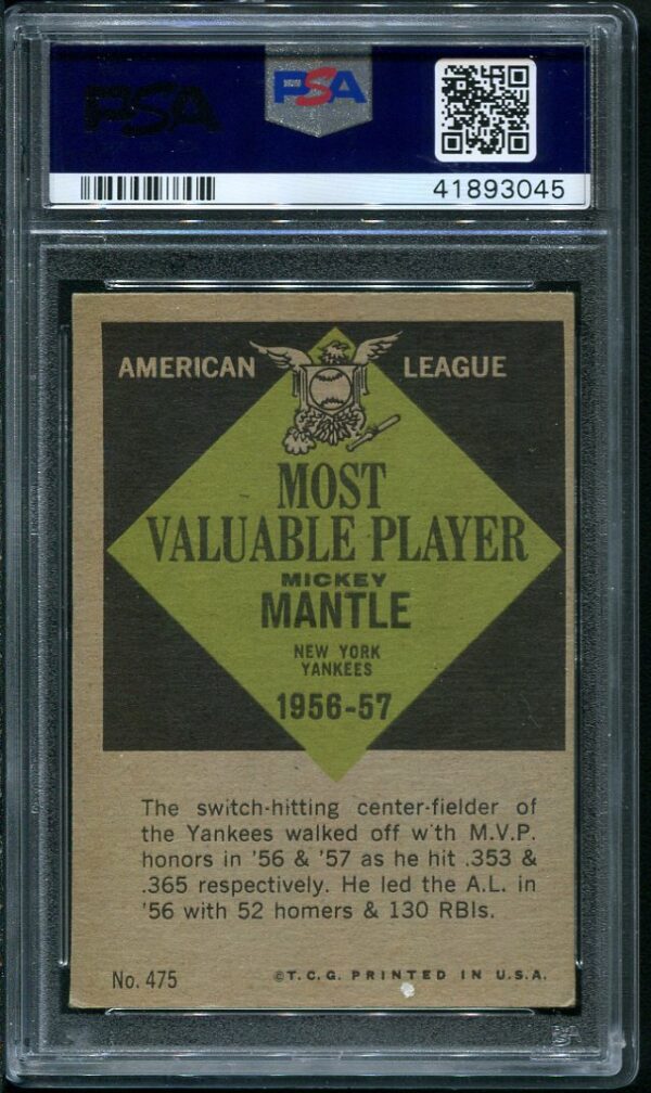 Authentic 1961 Topps #475 Mickey Mantle MVP PSA 4 Baseball Card