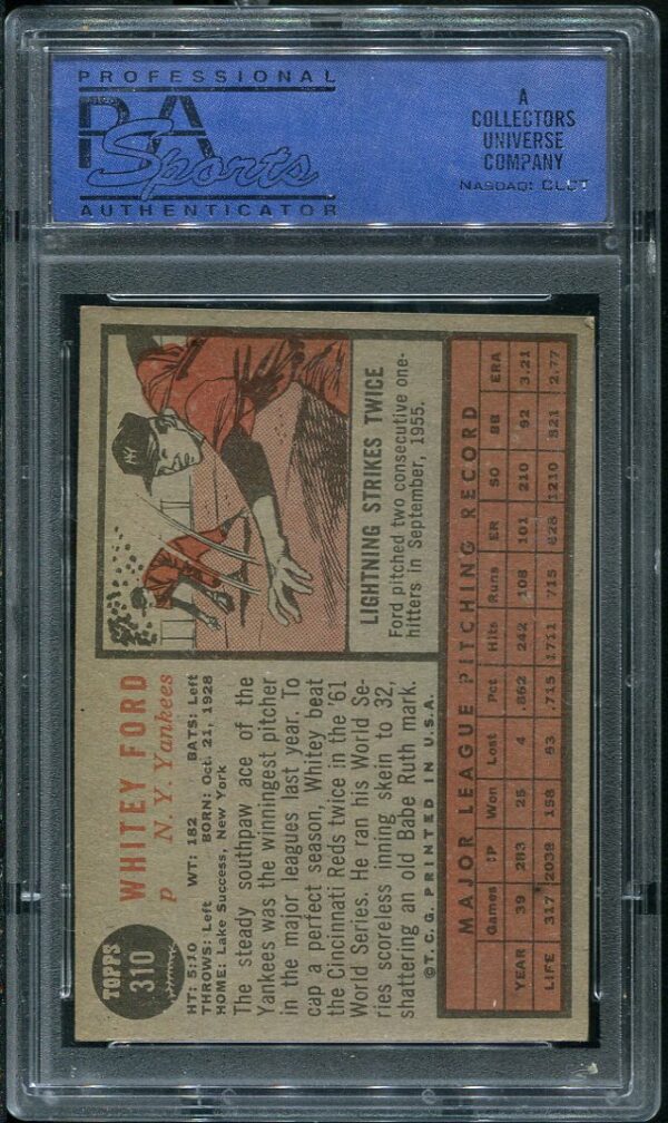 Authentic 1962 Topps #310 Whitey Ford PSA 7 Baseball Card