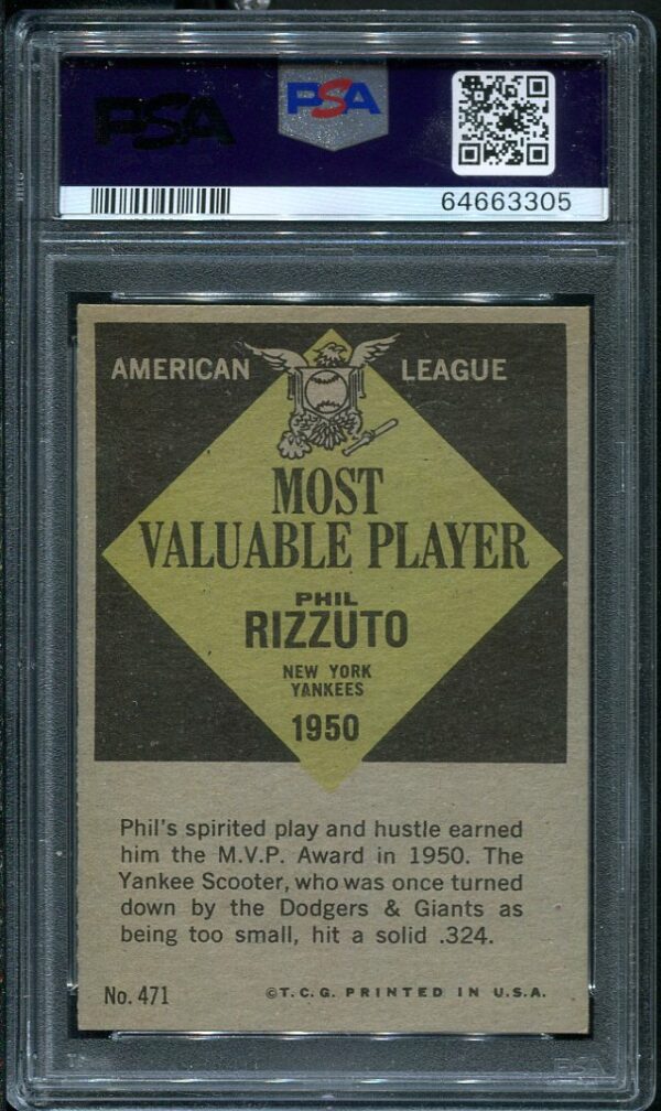 Authentic 1961 Topps #471 Phil Rizzuto MVP PSA 8 Baseball Card