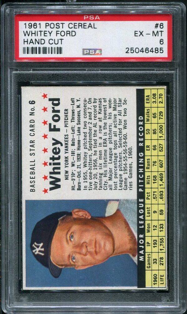 Authentic 1961 Post Cereal #6 Whitey Ford PSA 6 Hand Cut Baseball Card