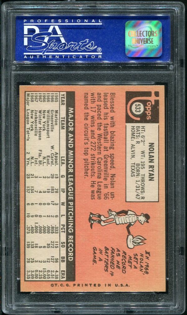 Authentic 1969 Topps #533 Nolan Ryan PSA 8 Baseball Card