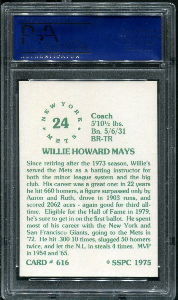 Authentic 1975 SSPC #616 Willie Mays PSA 10 Baseball Card