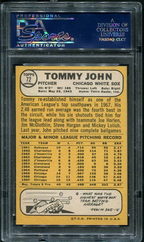 Authentic 1968 Topps #72 Tommy John PSA 8 Baseball Card