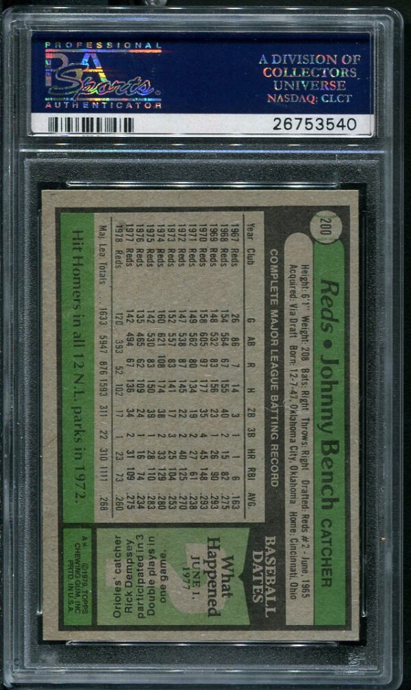 Authentic 1979 Topps #200 Johnny Bench PSA 8 Baseball Card