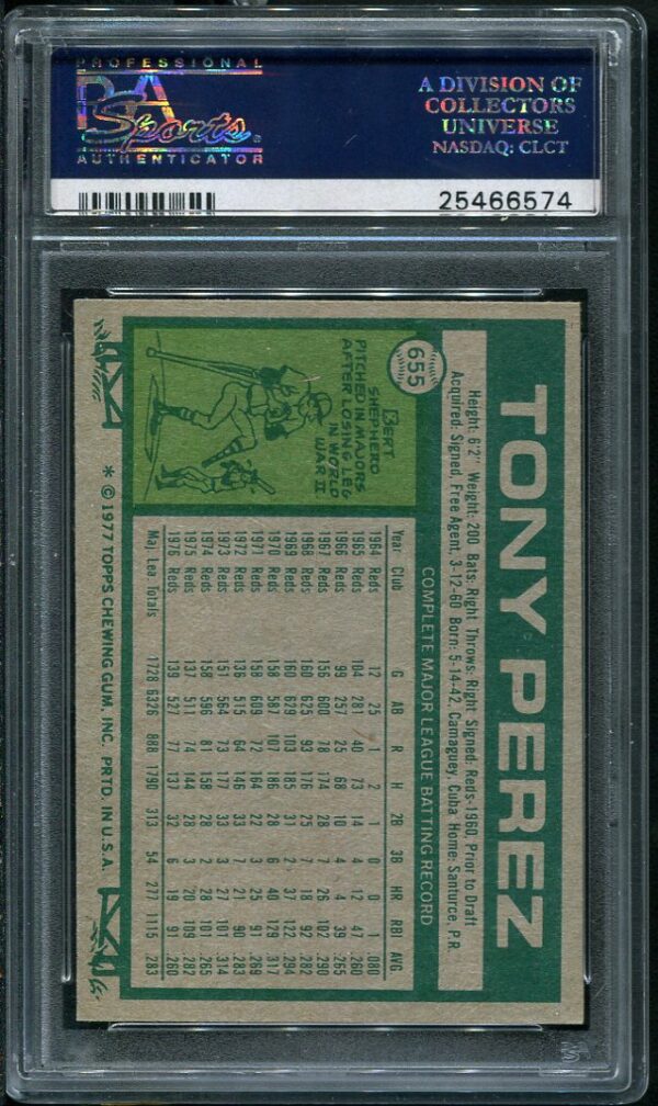 Authentic 1977 Topps #655 Tony Perez PSA 8 Baseball Card