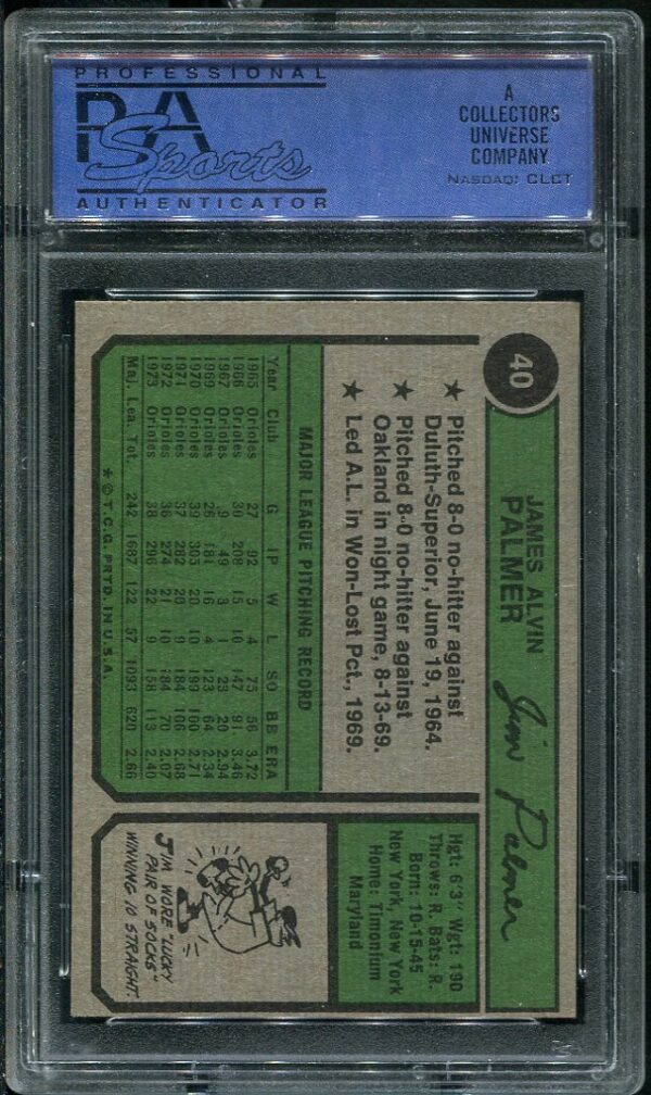 Authentic 1974 Topps #40 Jim Palmer PSA 7 Baseball Card