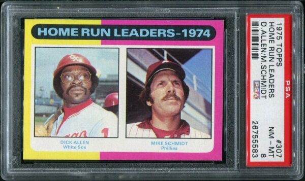 Authentic 1975 Topps #307 Home Run Leaders Mike Schmidt/Dick Allen PSA 8 Baseball Card