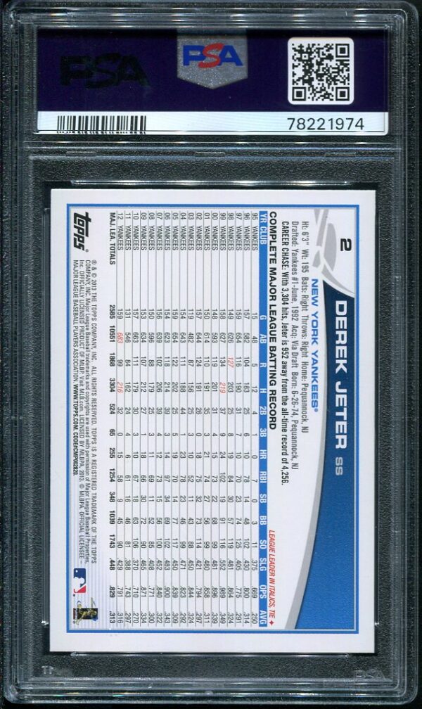 Authentic 2013 Topps #2 Derek Jeter Batting PSA 9 Baseball Card