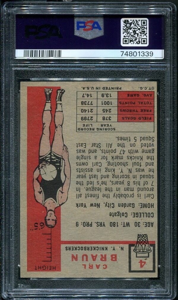 Authentic 1957 Topps #4 Carl Braun PSA 6.5 Basketball Card