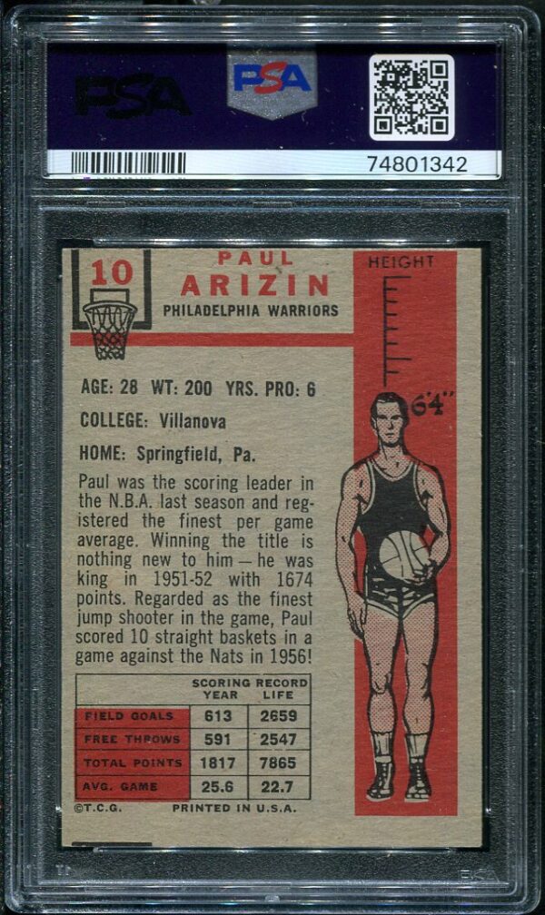 Authentic 1957 Topps #10 Paul Arizin PSA 7 MC Basketball Card