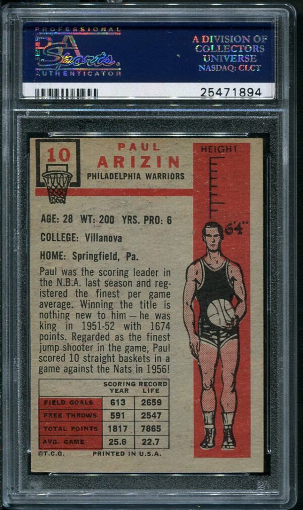 Authentic 1957 Topps #10 Paul Arizin PSA 6 Basketball Card