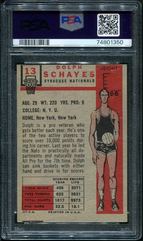 Authentic 1957 Topps #13 Dolph Schayes PSA 4(MC) Rookie Basketball Card