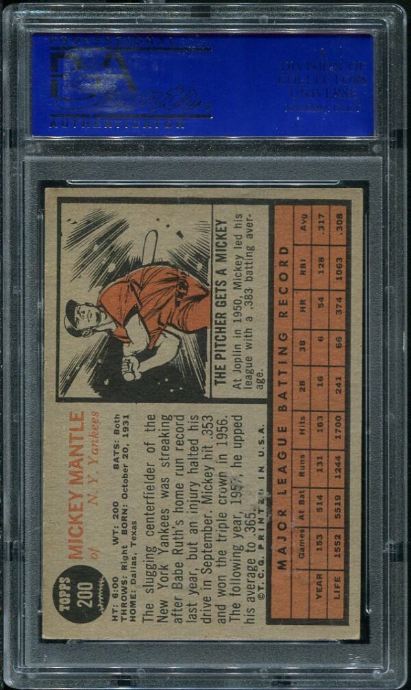 Authentic 1962 Topps #200 Mickey Mantle PSA 6 Baseball Card