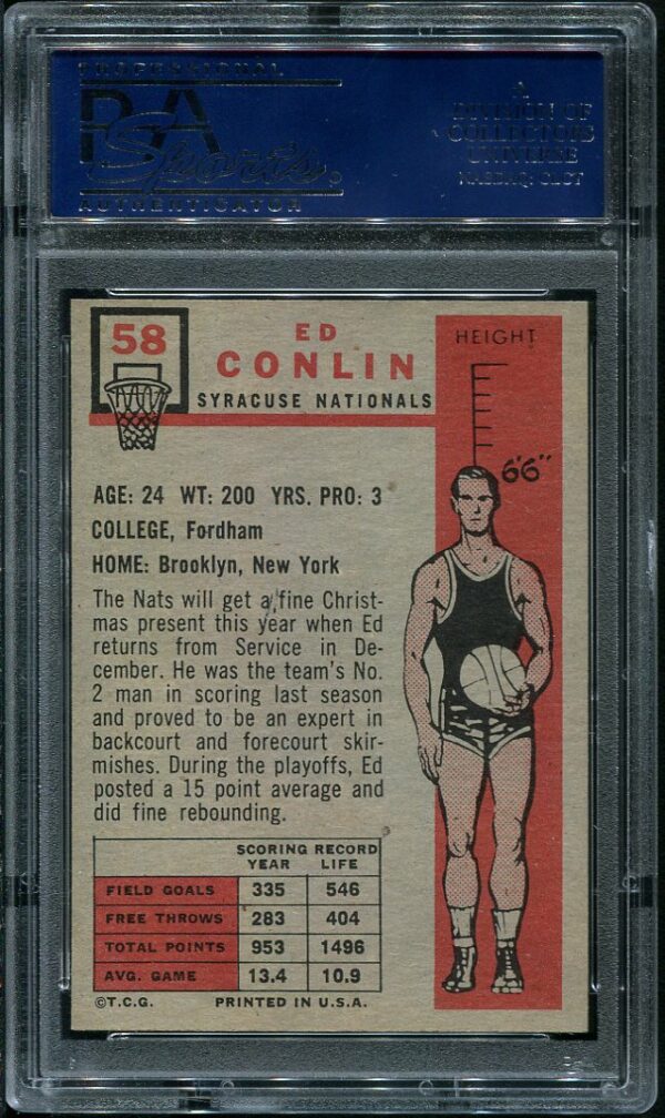 Authentic 1957 Topps #58 Ed Conlin PSA 6 Basketball Card