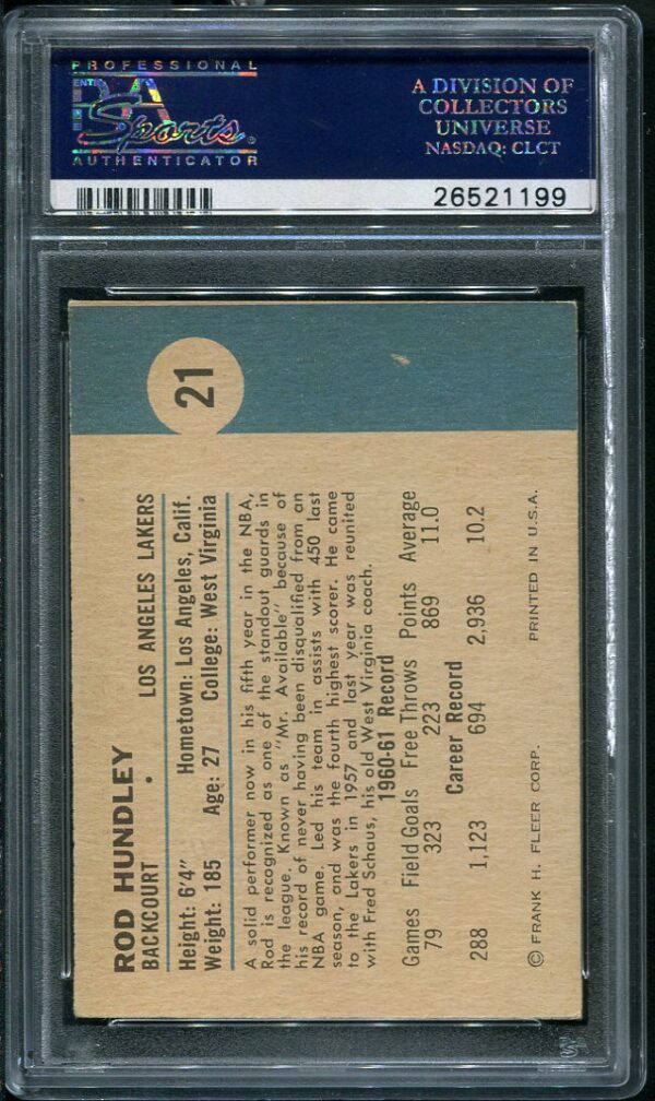 Authentic 1961 Fleer #21 Rod Hundley PSA 7 Basketball Card