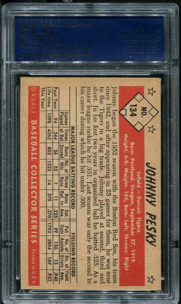 Authentic 1953 Bowman Color #134 Johnny Pesky PSA 4 Baseball Card