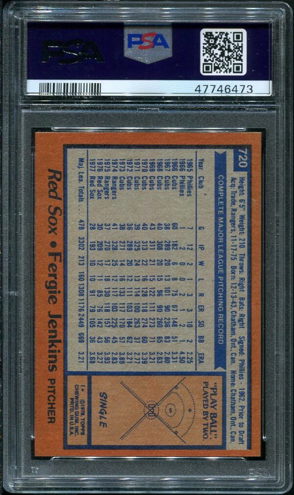 Authentic 1978 Topps #720 Fergie Jenkins PSA 8 Baseball Card