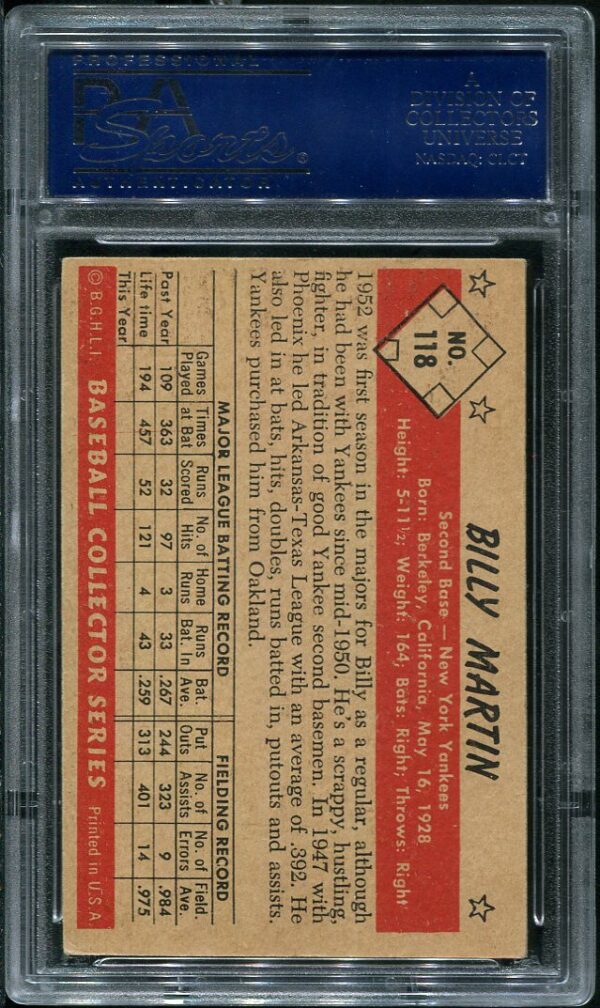 Authentic 1953 Bowman Color #118 Billy Martin PSA 4 Baseball Card