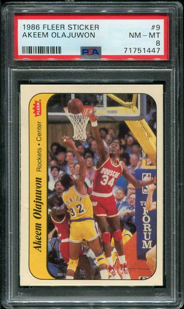 Authentic 1986 Fleer Sticker #9 Akeem Olajuwon PSA 8 Basketball Card