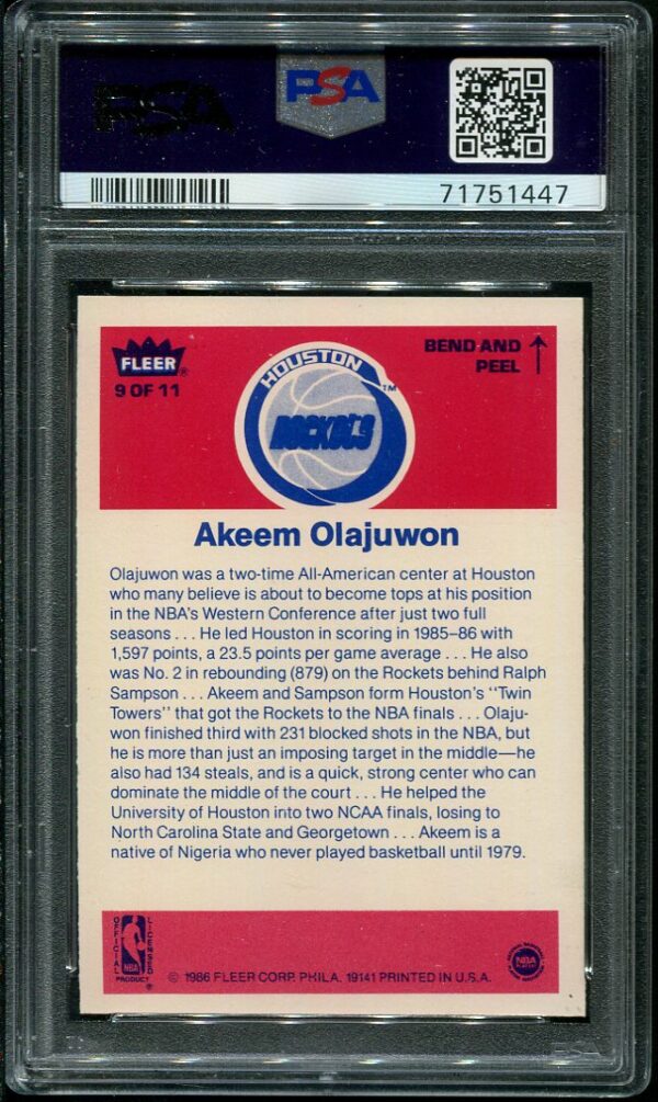 Authentic 1986 Fleer Sticker #9 Akeem Olajuwon PSA 8 Basketball Card