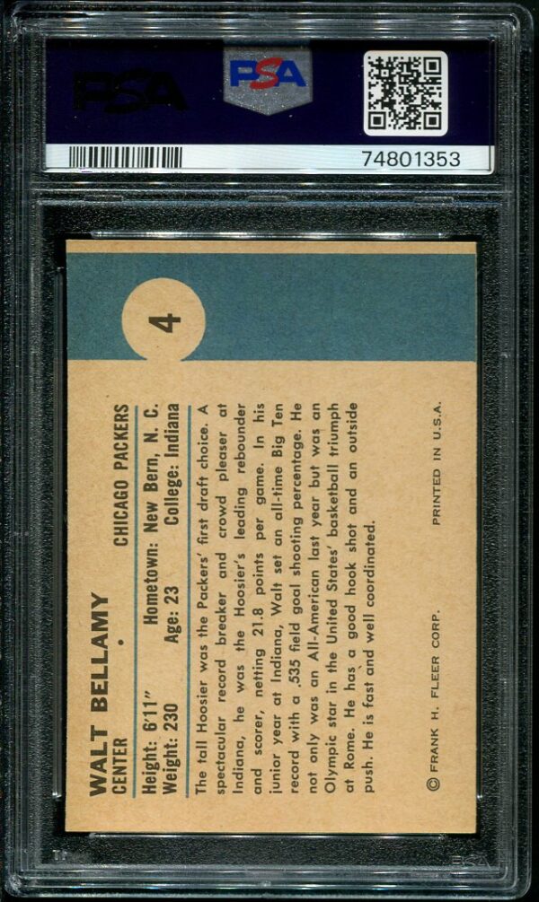 Authentic 1961 Fleer #4 Walt Bellamy PSA 8(OC) Rookie Basketball Card
