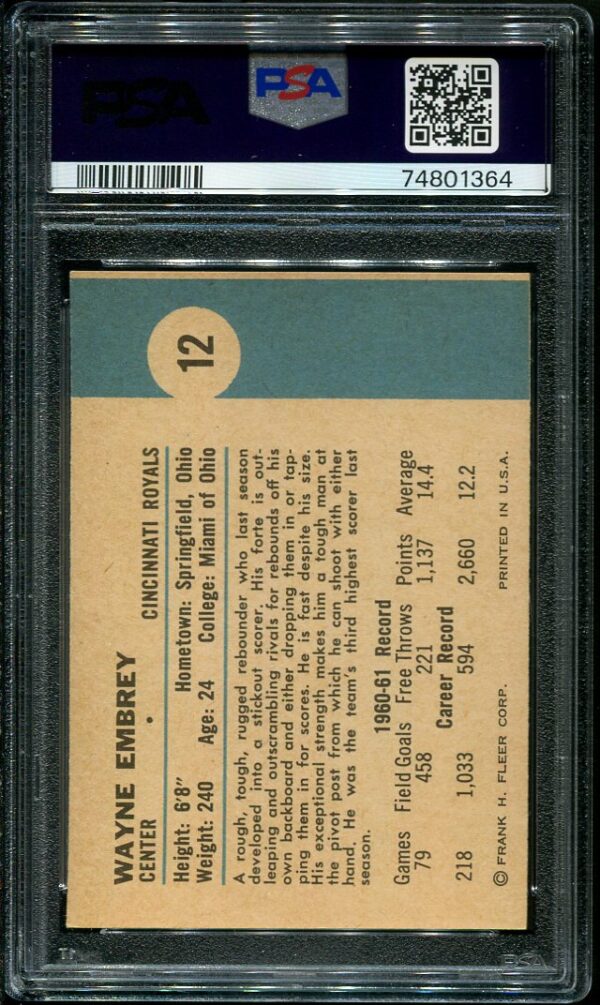 Authentic 1961 Fleer #12 Wayne Embry PSA 6 Rookie Basketball Card