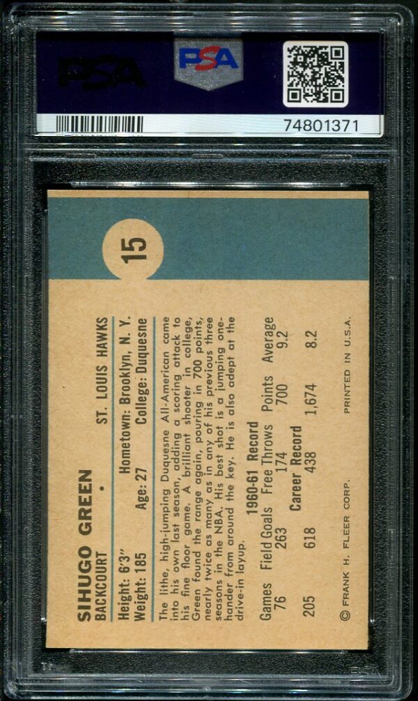 Authentic 1961 Fleer #15 Sihugo Green PSA 8 Basketball Card