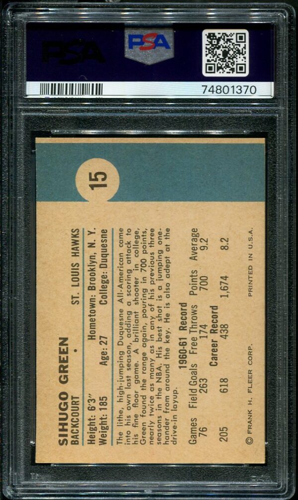 Authentic 1961 Fleer #15 Sihugo Green PSA 7 Basketball Card