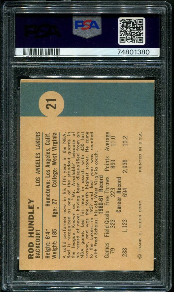 Authentic 1961 Fleer #21 Rod Hundley PSA 7(OC) Basketball Card