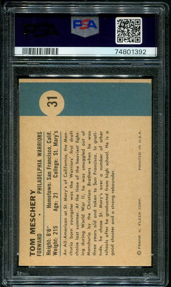 Authentic 1961 Fleer #31 Tom Meschery PSA 8(OC) Basketball Card