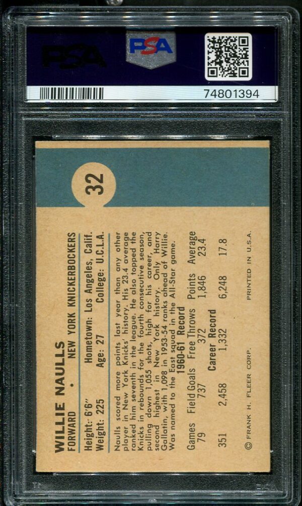 Authentic 1961 Fleer #32 Willie Naulls PSA 5 Basketball Card