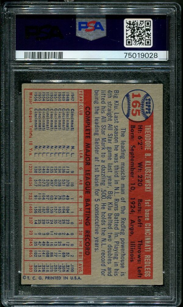 Authentic 1957 Topps #165 Ted Kluszewski PSA 6 Baseball Card
