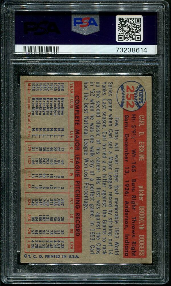 Authentic 1957 Topps #252 Carl Erskine PSA 5 Baseball Card