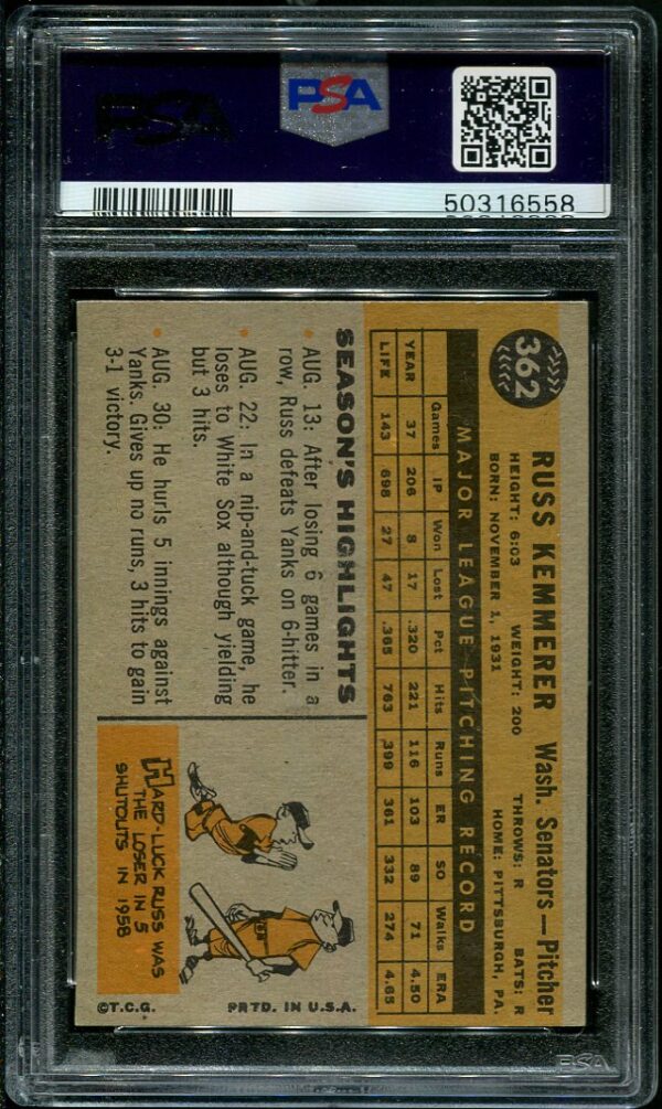 Authentic 1960 Topps #362 Russ Kemmerer PSA 7 Baseball Card