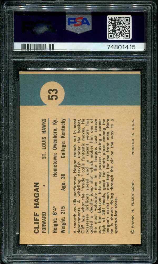 Authentic 1961 Fleer #53 Cliff Hagan In Action PSA 7 Basketball Card