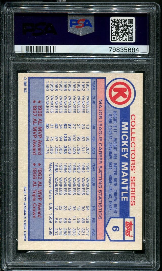 1985 Circle K #6 Mickey Mantle PSA 7 HOF (79835684) - All Star Cards Inc