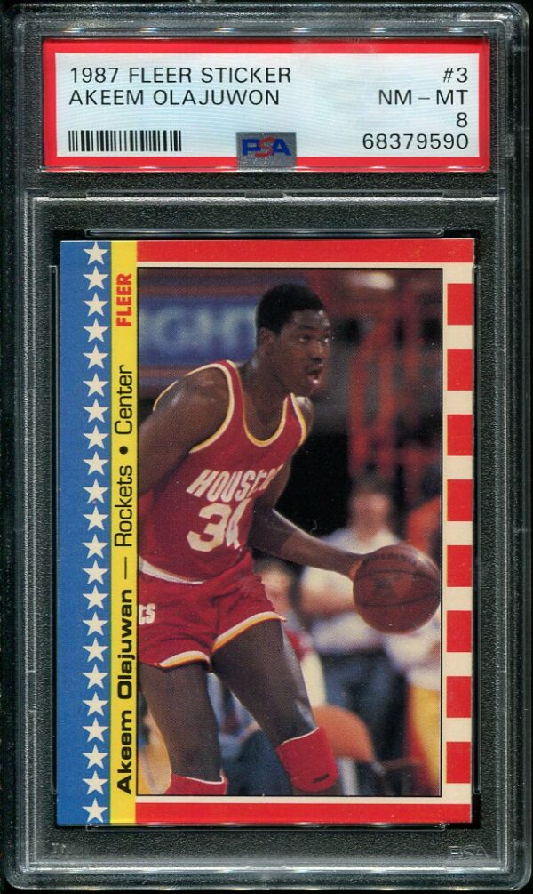 Authentic 19867 Fleer Sticker #3 Akeem Olajuwon PSA 8 Basketball Card